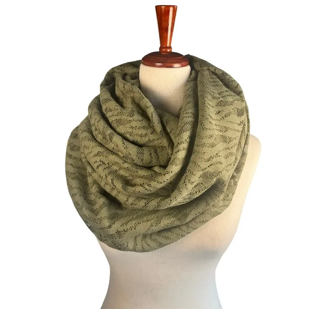 Olive Green Knit Infinity Scarf Lightweight Open Knit Boho Circle Scarf